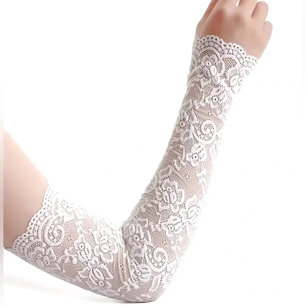 Women’s White Lace Fingerless Over the Elbow Gloves NEW